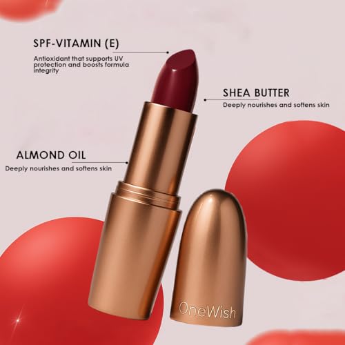 Image of One Wish Creamy Matte Lipstick Long Lasting for Women - Rock N Rouge Shade 14 | Full Coverage | Creamy Formula | No Flaky Lips | No Dryness | High-Pigment | SPF | Vitamin E, Almond Oil & Shea Butter for Moisturising Lip | 8 Hrs Lasting | Smooth Finish | 3.8 gm