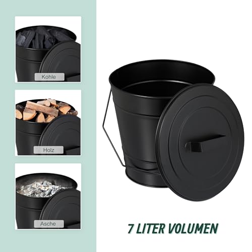 Relaxdays Ascheeimer mit Deckel, Henkel, 7 Liter, Eisen, Aschetonne für Kohle & Asche, Kamin, Ofen, Kohleeimer, schwarz