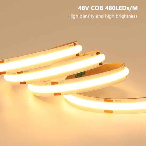 Image of BENLUN 48V COB LED Strip Light 65.6ft, 3000K Warm White Flexible Cuttable LED Tape Lights 8W /M 480LEDs /M CRI 92 with AC 110V Power Supply for Bedroom Ceiling Living Room Commercial