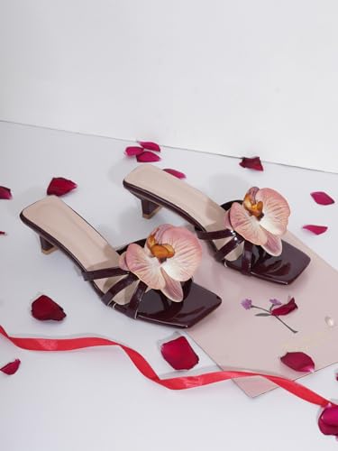 Image of TRYME Floral Embellished Slip-On Kitten Heel Sandals for Women & Girls|Comfortable Light Weight Open Toe Sandals