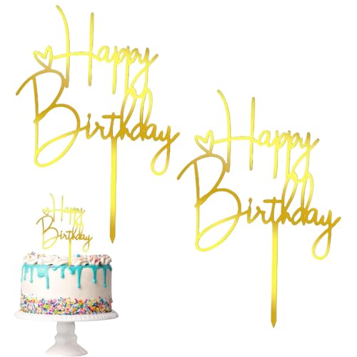 LACHT 2Pcs Topper Cake Cumpleaños, Adorno Para Tarta, Happy Birthday Cake Topper, Decoración Acrílica Feliz Cumpleaños (Dorado).