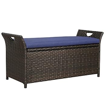 Alternative view of Patio Tree Outdoor Deck Storage Box Patio Wicker Storage Bench Rattan Storage Bins with Cushion (Navy)