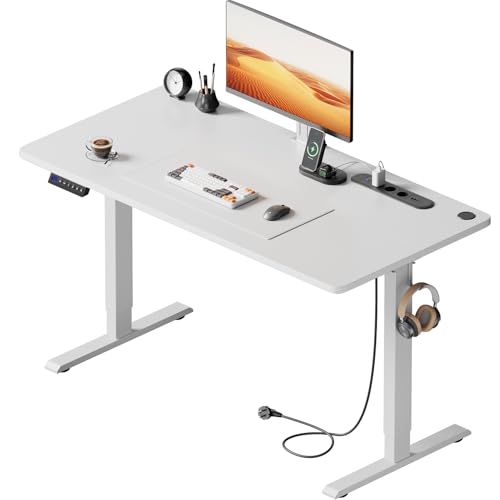 HLONONE Höhenverstellbarer Schreibtisch mit USB-Ladeanschluss und Steckdose, 100 × 60 cm Elektrischer Schreibtisch, Verstellbarer Computertisch mit 3-Funktions-Memory, Weiß