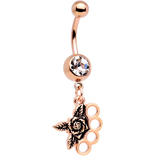 Body Candy Womens Stainless Steel Clear Rose Gold Plated Brass Knuckles Dangle Belly Button Ring
