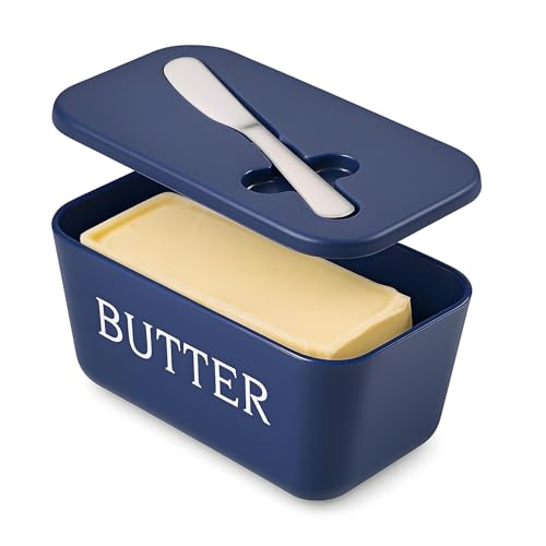 Butter Dish With Lid And Knife,BPA Free Food Grade Plastic Butter Keeper Containers With Cover For Home Coutertop And Refrigerater,Blue Butter Holder