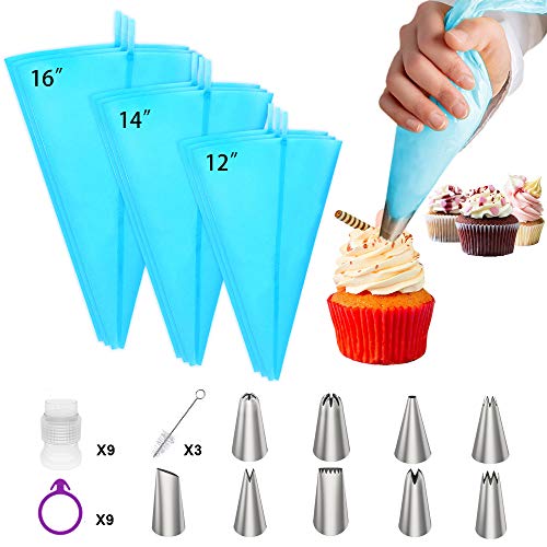 Ouddy Gebak zakken, Herbruikbare Icing Piping Zakken en Tips Set met 9 stks 3 maten (12+14+16) Cake Decorating zakken 9 Verschillende Frosting Bags, 9 Standaard Koppelingen, 9 Icing Bag Ties Baking Supplies