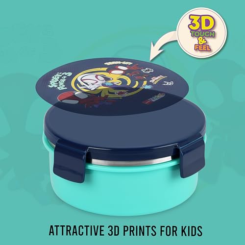 Image of CELLO Kidzbee Pluto Web Warrior Insulated Kids Lunch Box, Navy Blue | Silicone Food-Grade Seal Lid | 3D Touch & Feel Designs | Leak Proof & Secure 4 Sided Click Locks | Ideal for School & Picnic
