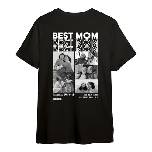 GRAVURZEILE Bedrucktes T-Shirt - Mom - Personalisiert mit Name, Spruch & 5 Fotos - Geschenk für Mama - Best Mum - Oversize Wear - Kurzarm - 100% Baumwolle - Farbe: Schwarz - Größe: L