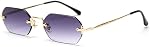 Men Rectangle Sunglasses Rimless Octagonal Small Glasses Women Metal Blue Brown