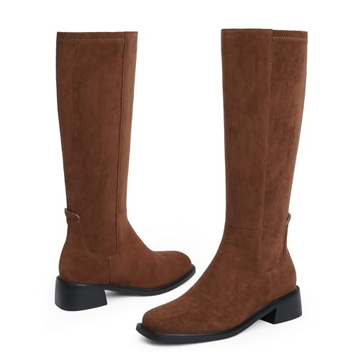 Image of QIY Knee High Boots for Women Low Heel Flat Tall Boots | Stretch Boots, Chunky Heel Womens Boots, Square Toe Heeled Fall Winter Dress Riding Long Boot with Side Zipper