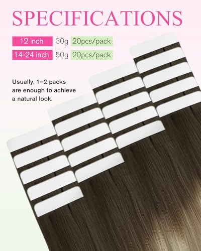 Image of YoungSee Hair Extensions Tape in Ombre, Tape in Extensions Balayage Brown with Blonde, Tape ins Human Hair Extension, Short Straight Hair, 12In 30g 20pcs