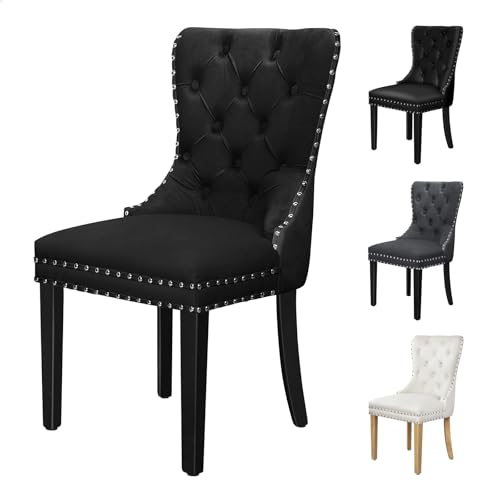 ALFORDSON Velvet Dining Chair Set of 2 with Wood Legs, Wooden Kitchen Cafe Chair with Ergonomic Backrest & Anti-Slip Floor Protectors, Max 150kg, Black, VIGA Series