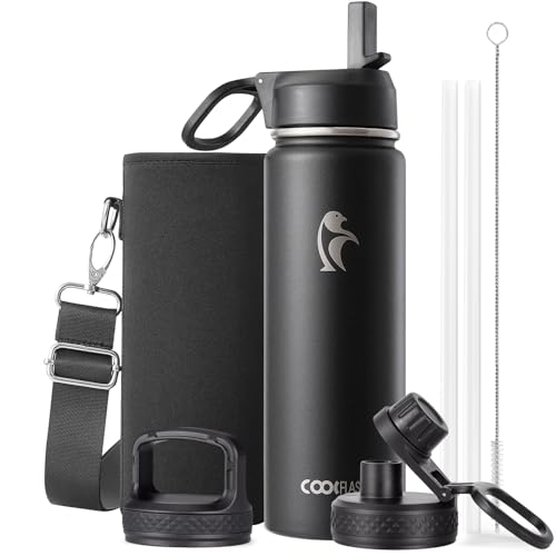 Coolflask Water Bottle 750 ml Insulated with Straw, Stainless Steel Metal 3 Lids Water Flask Wide Mouth for Sports or Office, Non-BPA Keep Cold Up to 48 Hrs or Hot Up to 24 Hrs, Magic Black