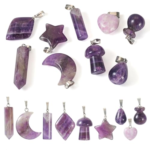 9 Pcs Natural Amethyst Gemstone Charms Amethyst Bullet Heart Moon Star Stone Pendants Irregular Healing Crystal Chakra Stone Pendant for Women Men Bracelet Necklace Jewelry Making