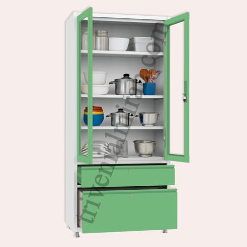 Image of Triveni Almirah Annapurna-5 Steel Wardrobe for Kitchen & Home Use | 10 Year Guarantee on Paint & Locks | 2-Door Glass Almirah with 2 Drawers | Separate Locks for Doors & Drawers | Powder-Coated Finish