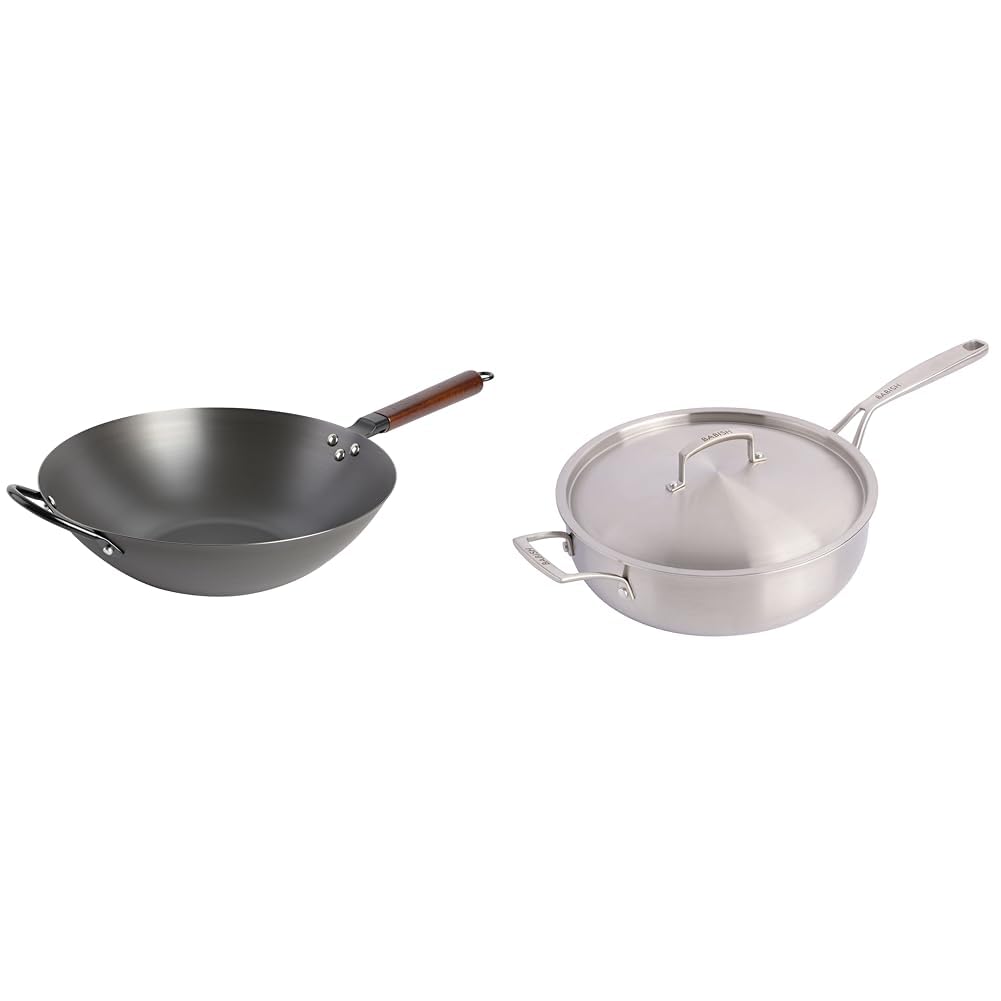 Babish Carbon Steel Flat Bottom Wok and Stir Fry Pan, 14-Inch & Tri-Ply Stainless Steel Professional Grade Saute Pan w/Lid, 5-Quart
