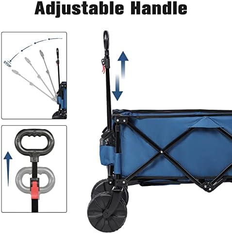 Timber Ridge Collapsible Folding Festival Wagon, Pull Along Trolley on Wheels with Adjustable Handle Cover Bag Drink Holders, Camping Outdoor Garden Picnic Shopping Beach, Blue
