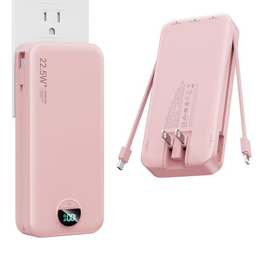 Nusyddy Cargador portátil con cable integrado y enchufe de pared de CA, banco de energía USB C de 20000 mAh, 22,5 W, carga súper rápida, cargador portátil ligero para teléfono, batería de viaje para