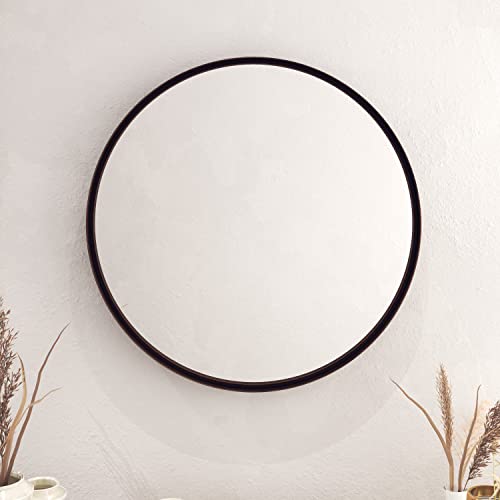 Hbcy Creations Large Round Mirror, 27.5 Inch Brushed Bronze Wall Mirror With Handcrafted Oil Rubbed Frame, Metal Framed Decorative Hanging Mirror For Both Rustic And Boho Design And Decor #TOP5