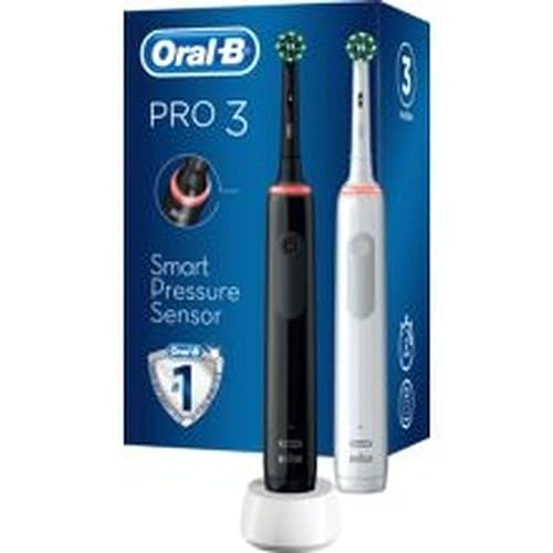 Oral-B Pro 3 3900 electric toothbrush/electric toothbrush, double pack & 3 attachment brushes, with 3 brushing modes and visual 360° pressure control for dental care, gift man/woman, white/black