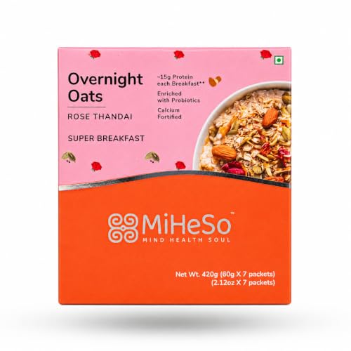 Image of MiHeSo Overnight Oats Rose Thandai 420 G | Healthy Oatmeal Breakfast | High Protein, Calcium & Fibre | Diet Food For Weight Loss For Women & Men | No Refined Sugar | Gluten Free
