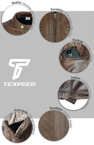 Texpeed Veste de moto en cuir pour homme - Homologué blouson été/hiver de moto de tourisme avec protection véritable biker CE armor (EN 1621-1) Design cousu matelassé - Brun/Marron - XL – vue 3