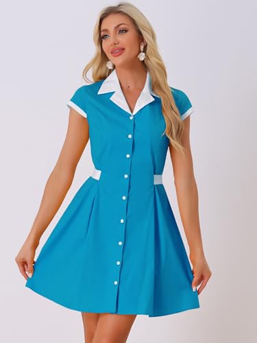 Image of Allegra K Women's Vintage Button Down Shirt Dress Notch Lapel Short Sleeve Belted Office Mini Short Dresses