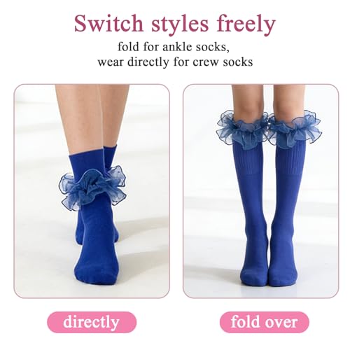 Image of Women Big Ruffle Ankle Socks Adult Double Lace Frilly Socks Fold Cuff Cotton Ruffled Dress Crew Bobby Bride Sock