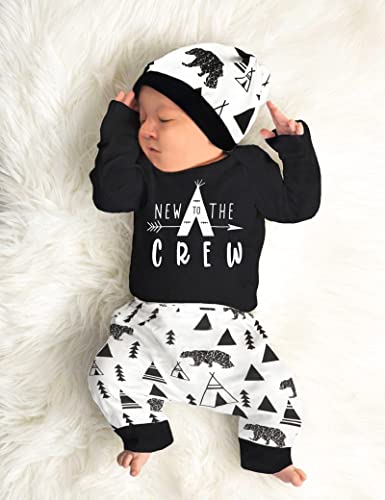 Fommy Newborn Baby Boy Clothes New To The Crew Letter Print Romper+Bear Pants+Hat 3Pcs Outfits Set 0-3 Months #TOP2
