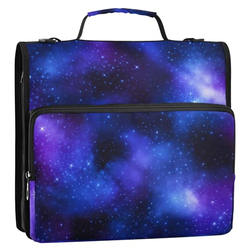 書類 1 1/2インチ バインダー 3リング 星月夜 スカイブルー パープル 星雲 ジッパーバインダー オーガナイザー ストレージポートフォリオフォルダー ハンドルバインダー付き ショルダーストラップ付き 学校用