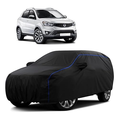 Image of Sulfar 100% Water Resistant Car Body Cover Compatible with Mirror for SsangYong Korando (Triple Stitched, Full Bottom Elastic, Black Tafetta with Blue Piping)