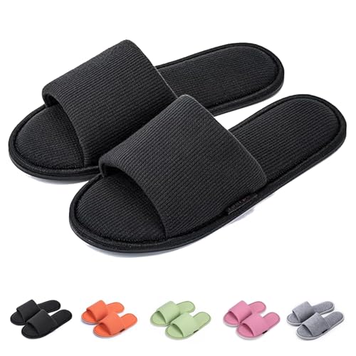 Image of Women's Open Toe House Slippers - Breathable Waffle Fabric, Memory Foam Cushioning, Slip-On Summer Indoor Slippers, Non-Slip TPR Sole, Easy Care