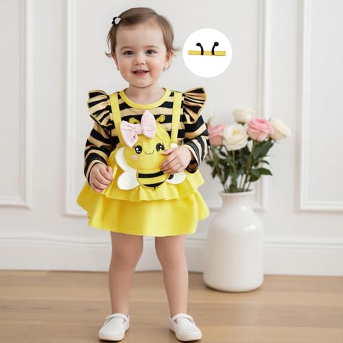 VISGOGO Baby Girl Romper Dress Newborn Bee Fall Winter Clothes Infant Striped Jumpsuits with Headband3