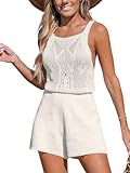 CUPSHE Womens Crochet Beach Cover Ups Casual Sleeveless Romper Square Neck Backless Shorts Overalls Mini Coverup Beige Large
