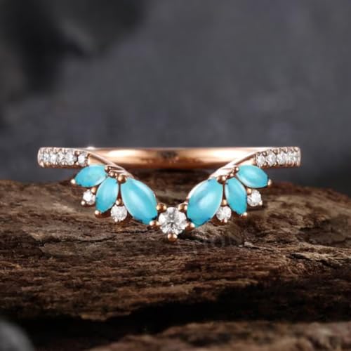 IVANKA Turquoise Wedding Band Marquise Turquoise Wedding Ring Half Eternity Moissanite Wedding Band Rose Gold Matching Ring 925 Sterling Silver Anniversary Ring Turquoise Engagement Ring For Women2