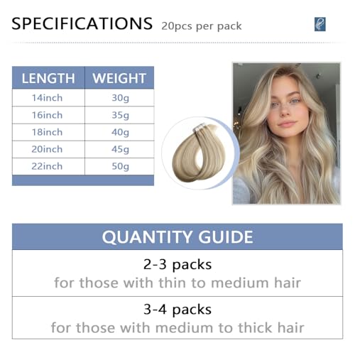Image of COOKAYU Invisible Tape in Hair, Ash Blonde and Platinum Blonde Seamless Injected Tape in Human Hair Extensions 20pcs /pack 20Inch 45g Invisi Edge Extensions