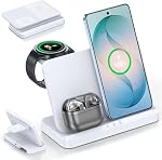 EGV Chargeur sans fil pour Samsung – 3 en 1 Station de recharge sans fil pour Galaxy S25 Ultra S24 S23, Z Fold Flip 7/6, Chargeur de montre amovible pour Galaxy Ultra 8/7, pliable, sans adaptateur, blanc
