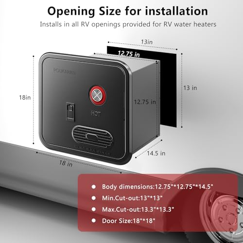 Image of 65,000 BTU RV Tankless Water Heater, On Demand Instant Hot Water, DC 12V, with 18x18 inches Black Door, High Altitude Available, Propane Gas, Energy Saving, Compatible with all RVs