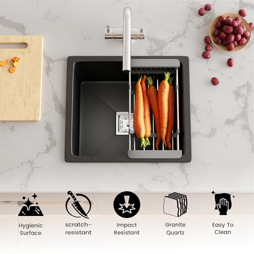 Image of LAPO Quartz Basin for Kitchen | 18x16 Inch UV Safe Surface | Single Bowl Basin with Integrated Tap Cut-Out | Supplied with Waste Pipe, Connector & Drain Strainer | 3 Year Warranty (Black Metallic)