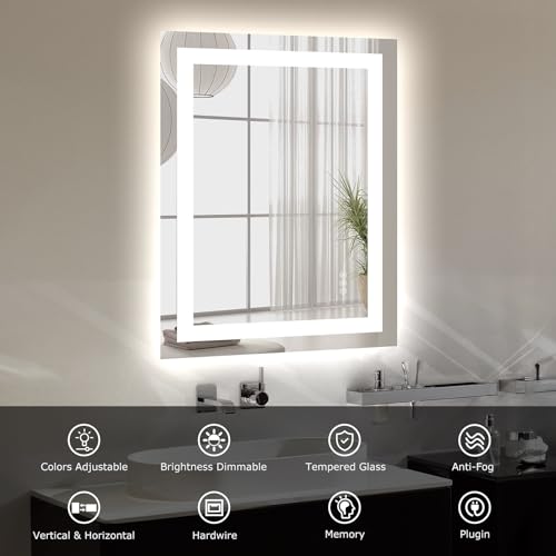 Image of Hivone 24 inchX32 inch LED Bathroom Mirror with Lights, Anti-Fog, Dimmable, Backlit + Front Lit, Smart Bathroom Vanity Mirror, Memory Function, Shatterproof, Tempered Glass (Horizontal /Vertical)