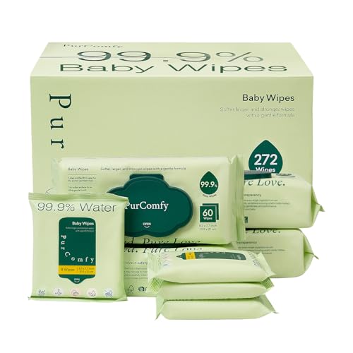 PurComfy Baby Wipes Unscented, 4 Flip-Top Packs + 4 Travel Pack Baby Wipes with Plant Based, Hypoallergenic for Sensitive Newborn Skin, Total 272 Coun