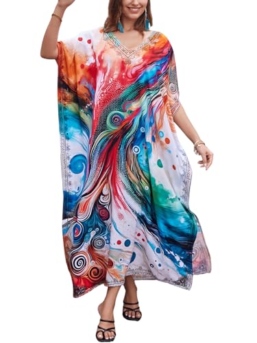 Image of IMAGEKOPE Women's Plus Size Loose Fit Moroccan Print V-Neck Batwing Kaftan Beach Dress Bathing Suit Cover Up