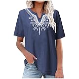 Peasant Tops for Women Casual Mexican Embroidered Blouses Cotton Linen Notch V Neck T Shirt Short Sleeve Gauze Shirts Blusas De Mujer Mexico Fiesta Tee Womens Bohemian Clothes Navy Blue
