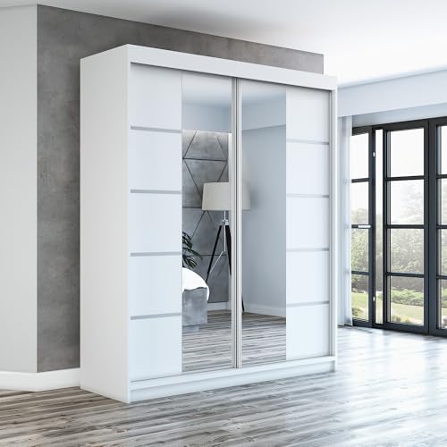 A&J MöbelLand Schwebetürenschrank ERA Kleiderschrank 2-türig mit Spiegel, Garderobe 180 cm (Weiß/Weiß/Weiß)