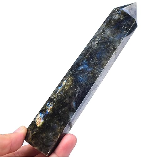 Labradorite Wand Blue Moon Stone Obelisk 6 Faceted Healing Crystal Stone Tower for Meditation Gift 0.8-1.1 Pounds