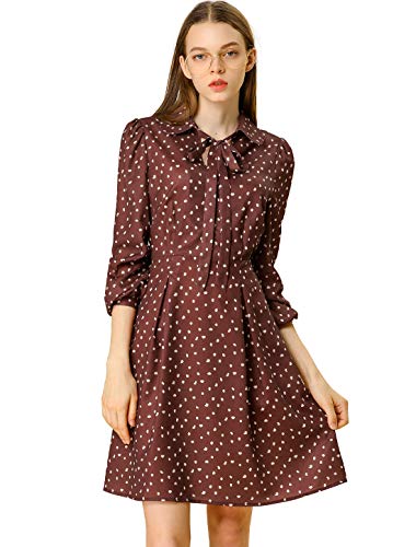 Allegra K Women's Casual Dots Print Button Long Sleeve Tie Neck Flare A-line Dress XL Brown