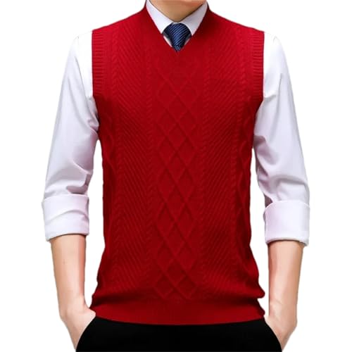 Men's Sleeveless Sweater Vest V-Neck Knitted Middle-Aged Solid Color Warm Twisted Pullover Sweater