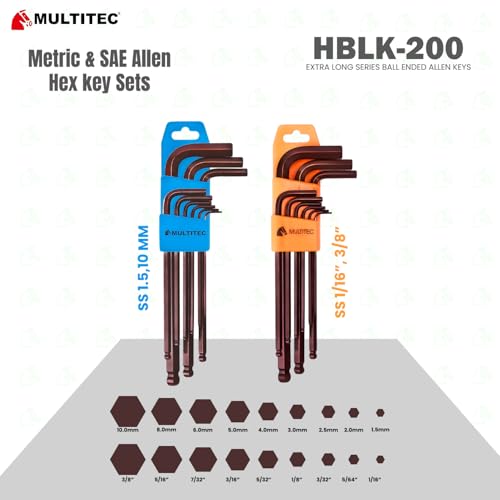 Image of MULTITEC Allen Key Set HBLK200 - 9-Piece Extra Long Ball End Hex Keys (1.5mm to 10mm) with Plastic Holder | Alloy Steel | Hardened & Tempered | Chamfered Edges | High Torsional Strength