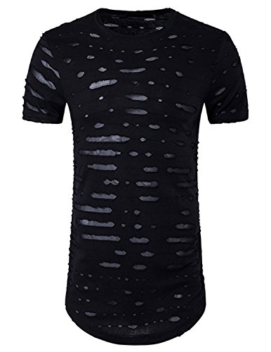 YCHENG Moda Largo Camisetas para Hombre Manga Corta Cuello Redondo Rotos Hueco Hip Hop T-Shirt