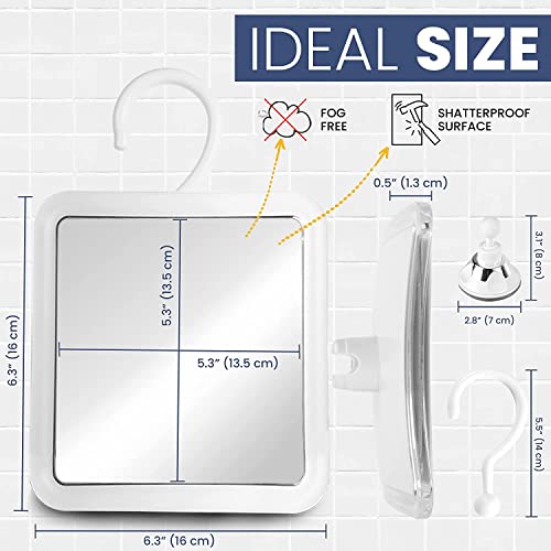 Fogless Shower Mirror For Shaving With Upgraded Suction, Anti Fog Shatterproof Surface And 360° Swivel - Includes Optional Hook Accessory To Transform Suction Mirror Into Hanging Mirror - 6.3" X 6.3" #TOP4